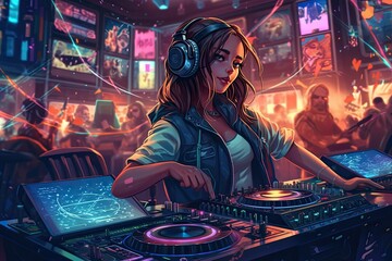 Naklejka na ściany i meble Illustration of A DJ woman playing music at a nightclub is a dynamic and energetic image that captures the vibrant and lively atmosphere of nightlife. Generative AI