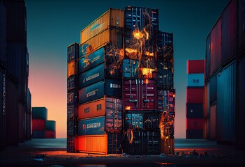 Containers piled on ship &amp; harbor. Background has port. Generative AI