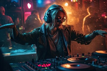 Obraz na płótnie Canvas A DJ woman playing music at a nightclub is a dynamic and energetic image that captures the vibrant and lively atmosphere of nightlife. Generative AI