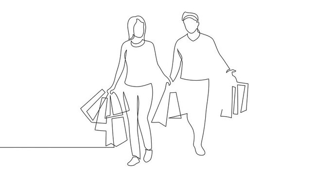 Animation of an image drawn with a continuous line. Man and woman carry paper bags. Family in the store. Christmas or holiday gift shopping. Transportation of things.
