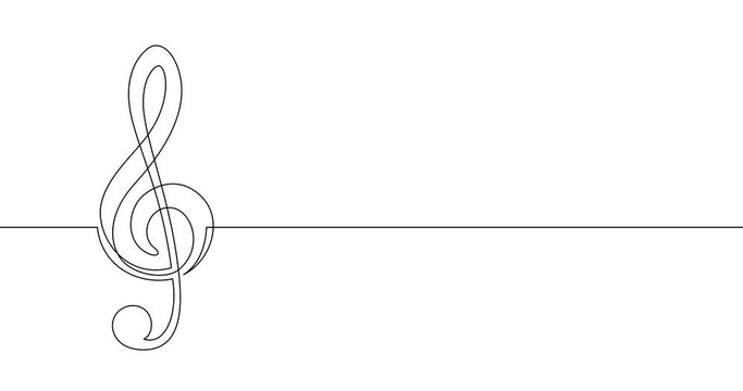 Animation of an image drawn with a continuous line. Treble clef. Musical sign. Symbol of music school, recording studio, radio waves, karaoke.