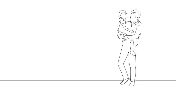 Animation of an image drawn with a continuous line. Father and daughter. A man holds a girl in his arms. 
