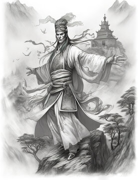 Fantasy character with Asian influences, magical visard in long flowing robes with staff, black white illustration, outline for coloring book page, AI generative coloring card