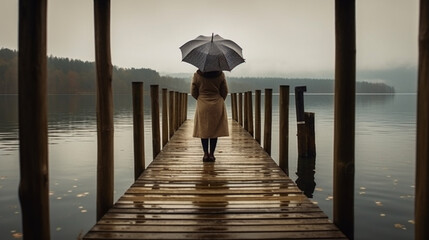 Wooden pier on the lake with woman on the pier. rainy day Generated AI