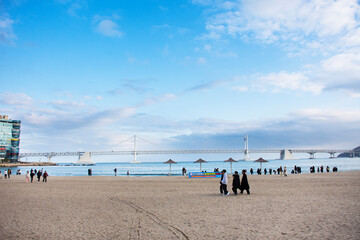 Gwangandaegyo suspension bridge or Diamond bridge and landscape sea ocean for korean people travelers travel visit at Gwangalli and Gwangan beach at Pusan on February 18, 2023 in Busan, South Korea