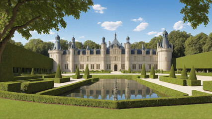 Obraz premium Illustration of a French Renaissance style Chateau by the lake on a spring day - AI Generated