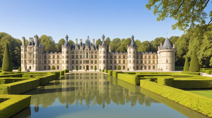 Obraz premium Illustration of a French Renaissance style Chateau by the lake on a spring day - AI Generated