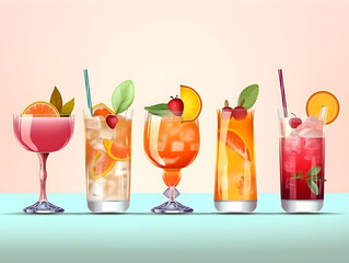 Set of cocktails. Menu concept. Illustration of classical drinks in different types of drinking glasses. A row of summer cocktails in trendy colors. Banner with soft and alcohol drinks. Generative AI