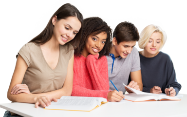 Students writing notes isolated on white background