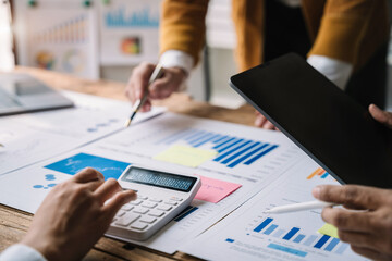 Finance manager meeting discussing company growth project success financial statistics at home office.