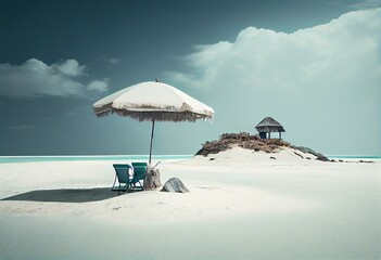 A paradisiacal island scene with an umbrella and chair atop sandy shores, created in AI format. Generative AI