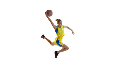 Fototapeta na wymiar Winning goal. Young concentrated girl, female basketball player in motion, training, playing against white studio background. Isometric view. Concept of professional sport, healthy lifestyle, action
