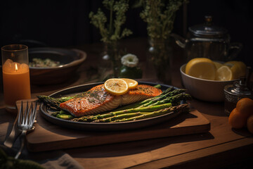 Baked salmon with roasted asparagus, generative ai