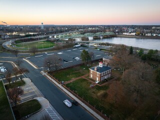Aerial of an empty parking lot, Loudoun Station Parking Garage in Trenton, New Jersey at sunrise