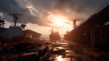 Abandoned shipyard, rusty damaged ships, cranes and mashinery, AI generative commercial dock, industrial landscape on sunset