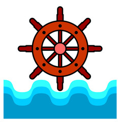 Ship rudder on the sea. Colorful line art cartoon style, Editable vector file on transparent background.