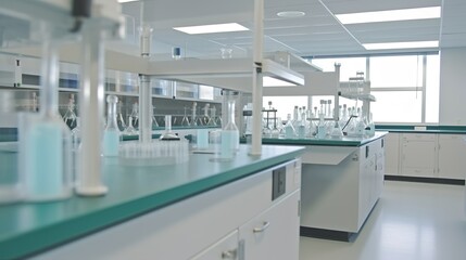 Scientific laboratory interior, research facilty, light and airy with white shelves and benches, AI generative