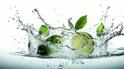 Fototapeta premium Water splash on white background with lime slices, mint leaves
