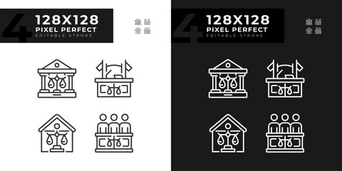 State institutions of law pixel perfect linear icons set for dark, light mode. Government court institution. Protection. Thin line symbols for night, day theme. Isolated illustrations. Editable stroke