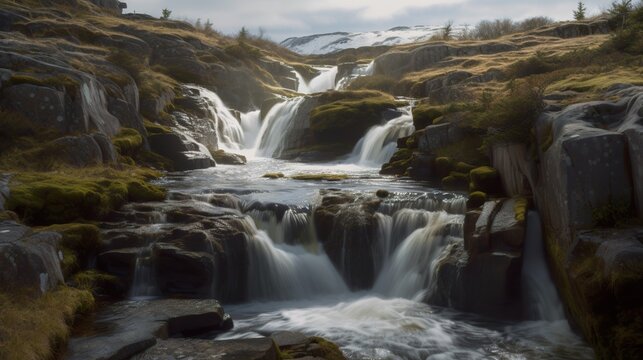Imaginary waterfall in Scandinavia, AI generative image