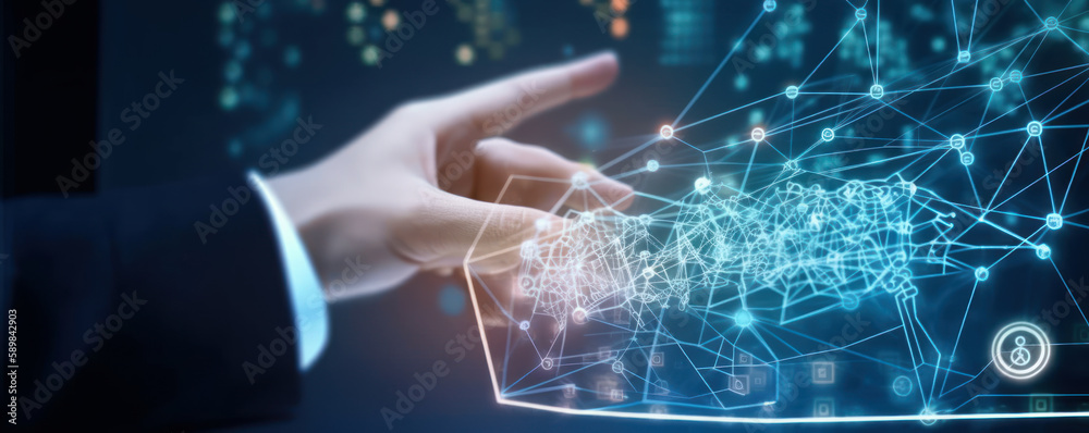 Poster human hand using machine learning touches ai button in background of large data network connection. 