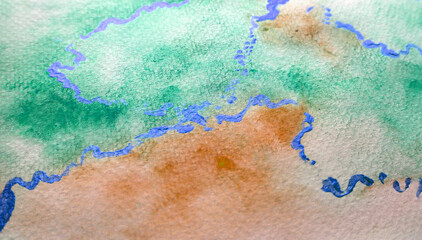 Bright curved blue lines. Watercolor background. Light green color and orange with ocher.
