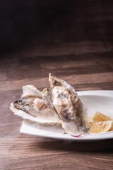 fresh western seafood raw big oyster shell with lemon in white cold plate on wood table luxury halal food fine dining restaurant menu