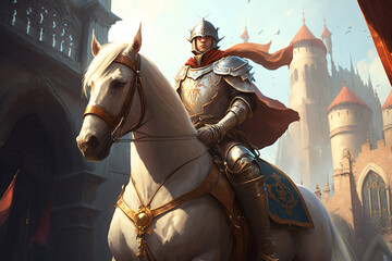Medieval  Fantasy | Noble paladin riding on horseback through a sprawling medieval city. epic and grand, with a sense of majesty and nobility in the paladin's posture and attire.  Ai