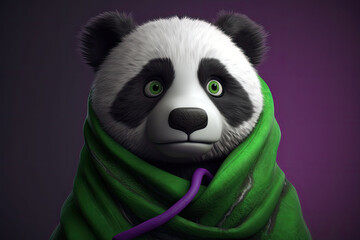 cartoon panda bear cub with green and purple blanket - made with generative ai