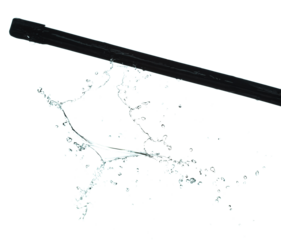 Wiper Blade Arm swipe heavy rain fall in drop wave on car vehicle. wiper blade arm work window on automobile with water rain spill droplet. White background isolated high speed shutter freeze motion