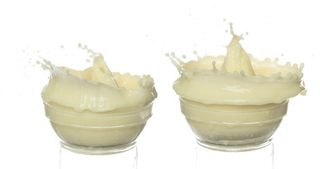 Tofu Soybean soymilk pour fall down. Soybean milk or cosmetic cream moisturizer spill splash in shape glass bowl as paint color. White background isolated high speed shutter freeze motion