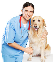 Fototapeta na wymiar Male Veterinarian with dog on white background