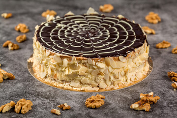 Esterhazy cake. Cake decoration. Chocolate glaze. Frosting decoration