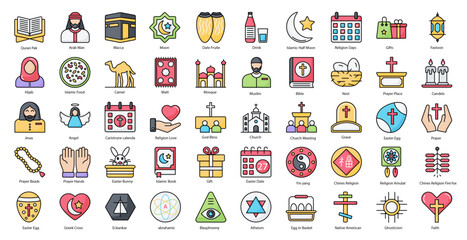Religion Filled Line Icons Christian Religous Bible Icon Set in Color Outline Style 50 Vector Icons in Black