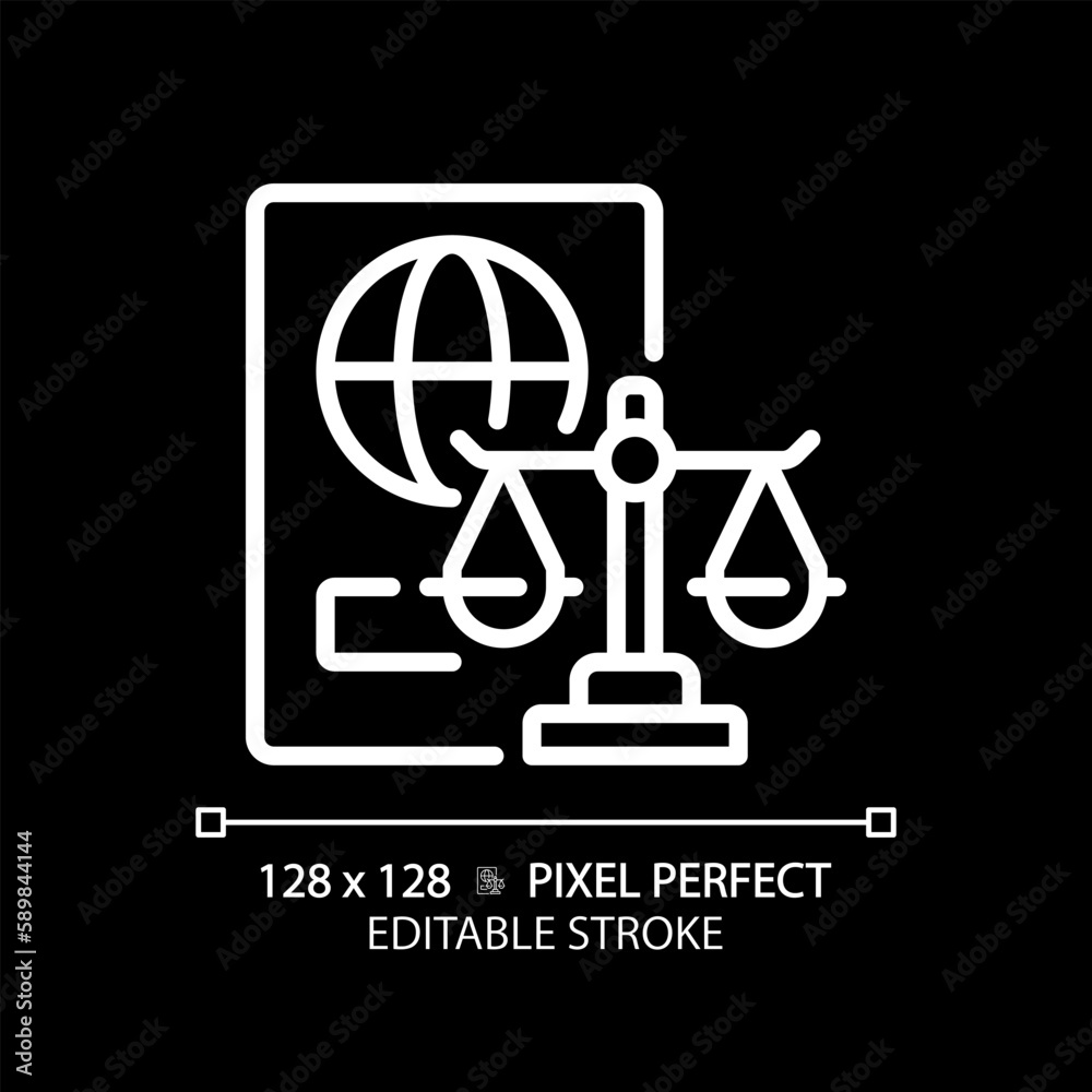 Sticker Immigration law pixel perfect white linear icon for dark theme. International people moving regulation. Governmental control. Thin line illustration. Isolated symbol for night mode. Editable stroke