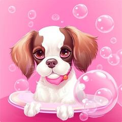 Cavalier King Charles Spaniel takes a bath with soap bubbles on a plain background. Clean Cavalier King Charles Spaniel at the groomer