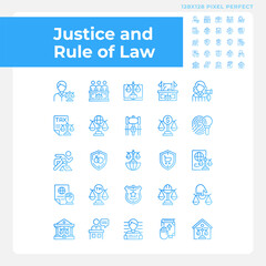 Justice and rule of law pixel perfect gradient linear vector icons set. Government system of regulation. Thin line contour symbol designs bundle. Isolated outline illustrations collection