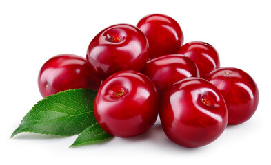 Cherry. Cherry with leaves on white background. Perfect retouched cherries with clipping path. Cherri full depth of field.