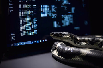 Python Programming Language, A Python Snake Looking at Lines of Code on a Computer Screen, Generative AI - 589845191