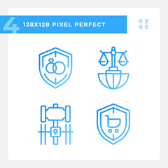 Laws protecting citizens rights pixel perfect gradient linear vector icons set. Legal rules of society. Thin line contour symbol designs bundle. Isolated outline illustrations collection