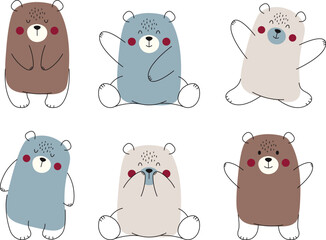 Set of cute bears. Funny doodle animals. Vector illustration for children's greeting cards