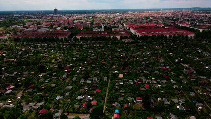 Aerial cityscape of small urban gardens Kleingarten plots in Schoneberg Berlin Germany