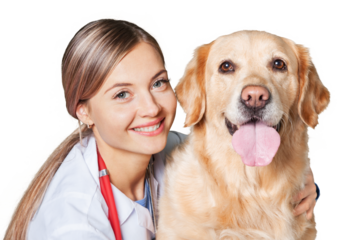 Attractive young female doctor with funny dog patient