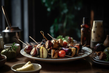 Grilled vegetable kebabs with balsamic glaze, generative ai