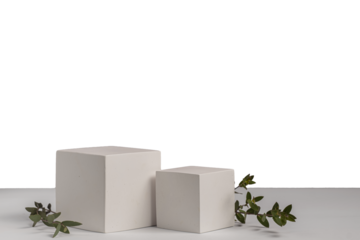 Clean geometric display with two different size white cubes and fresh eucalyptus branches on light surface. Modern minimalist product podium with natural greenery, transparent background, copy space