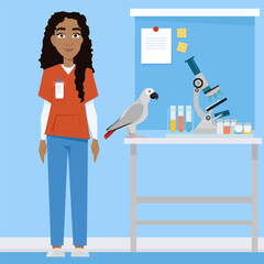 Dark-skinned female veterinarian in uniform in a medical office