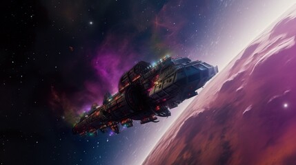 Obraz na płótnie Canvas Sci-fi wallpaper. Spaceship in outer space. Nebulae, stars. Science fiction generative AI illustration. Stunning space landscape. Futuristic scene. Space background.