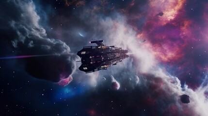 Sci-fi wallpaper. Spaceship in outer space. Nebulae, stars. Science fiction generative AI illustration. Stunning space landscape. Futuristic scene. Space background.