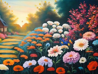 Fototapeta na wymiar An oil painting of A Garden Symphony has gorgeous, vibrant flowers. Generative AI.