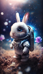 A cute baby rabbit astronaut in space with floral and space background. Generative AI technology.